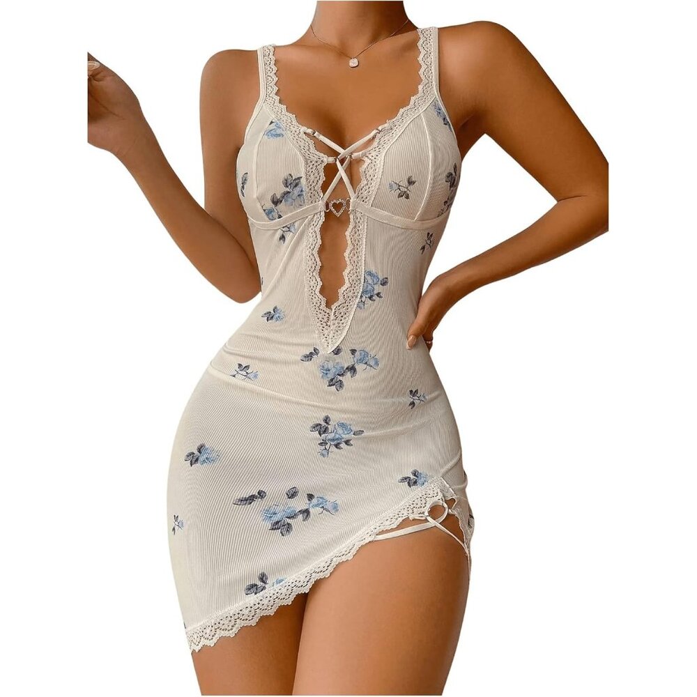 ✨ Women White Ribbed Deep V Neck Floral Trim Sexy Nightgown Chemise Slip Dress